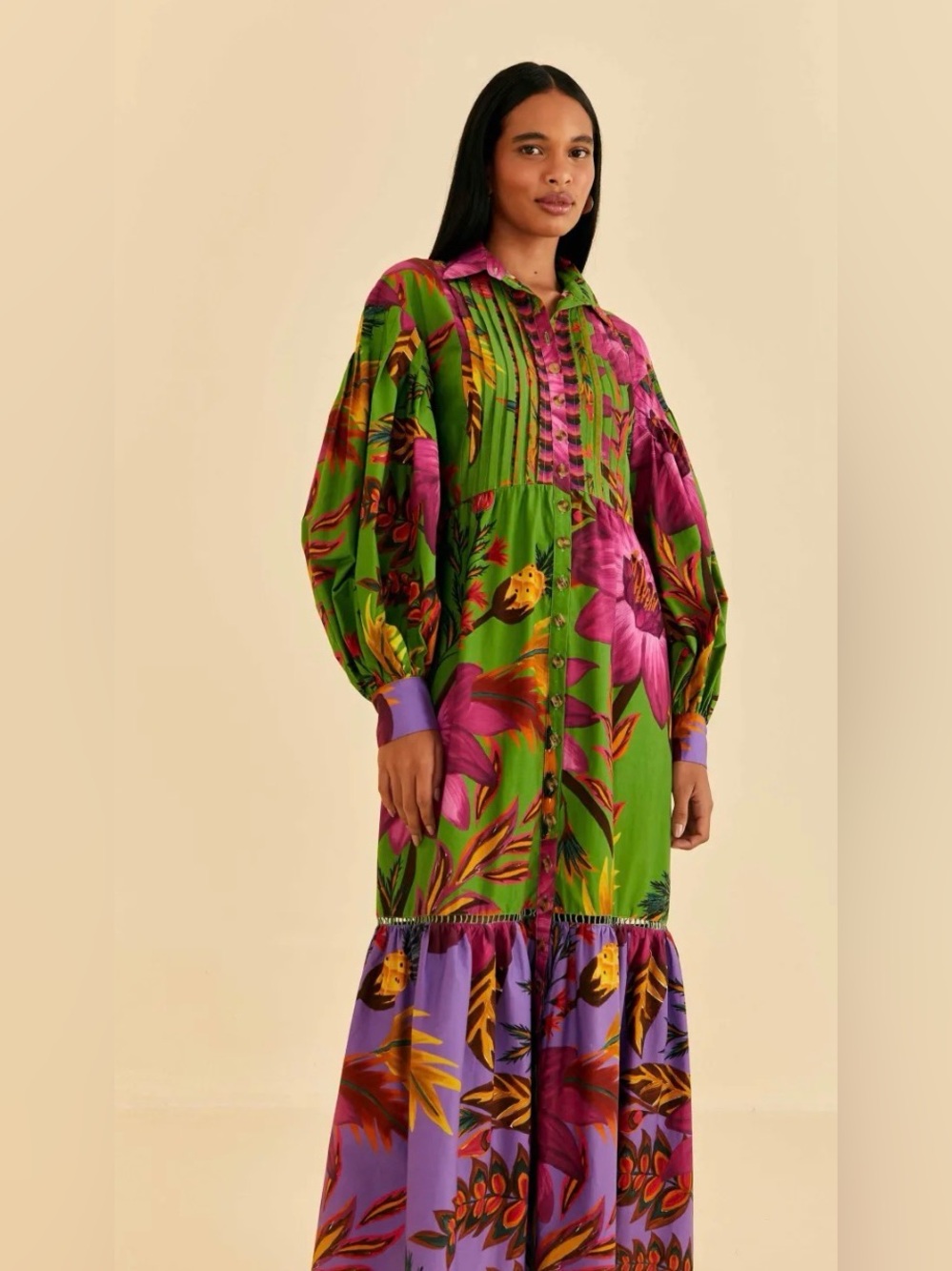 Vibrant Floral Button-Front Maxi Dress - Green & Purple